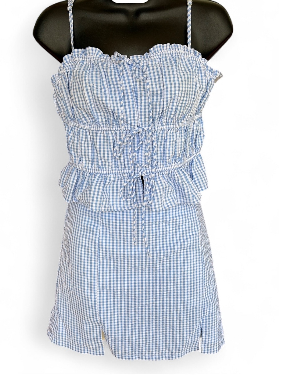 Blue White Gingham skirt Set with Smocked Bodice